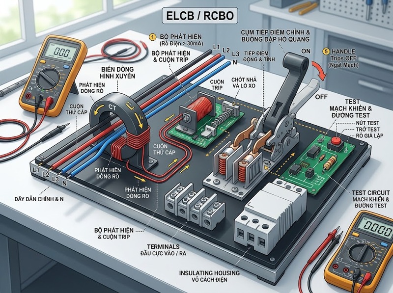 Cấu tạo ELCB gồm những bộ phận nào?